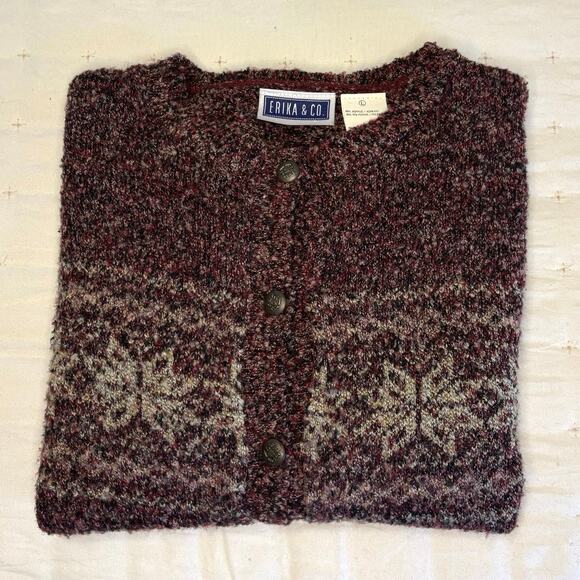 Vintage Erika & Co Textured Knit Fair Isle Cardigan Sweater Women's L | Maroon - Picture 11 of 11